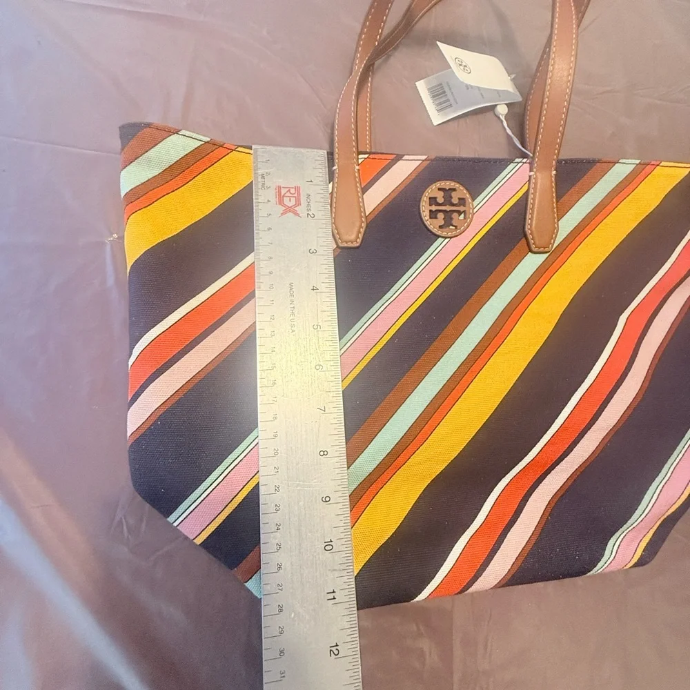 NWT Tory Burch Key Item Canvas/Leather Medley Multicolor Striped Tote MSRP $298 - Picture 9 of 11